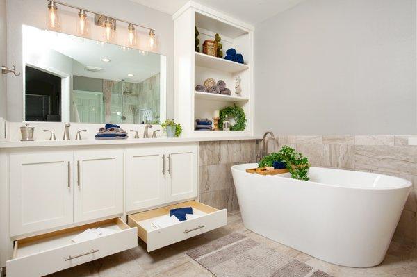 Custom Master Bath vanity and built-in storage. Heavy-duty glides on drawers.