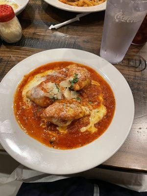 Stuffed shells and the house sauce with fettuccine and meatballs.