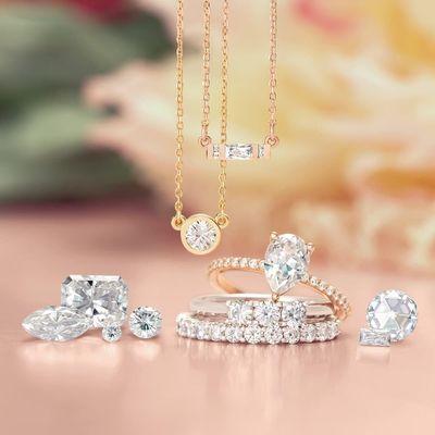 Moissanite Engagement ring, moissanite bands, and moissanite jewelry.