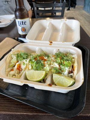 Chorizo tacos w all the free stuff!  Miller lite. Nice guys good food.