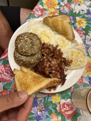 Hash, over easy eggs & sausage patties