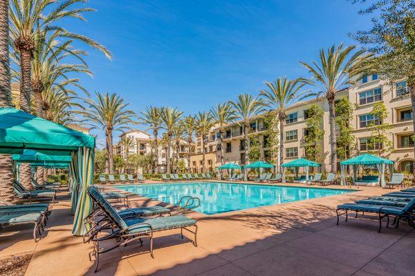 Resort style pool with cabanas