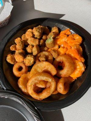 Bang bang shrimp with onion rings and fried okra.