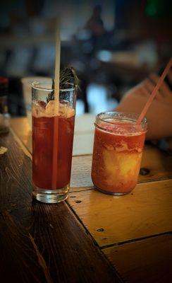 Blackberry Rosemary Bourbon mixed drink and non- alcoholic strawberry Pina colada for my daughter