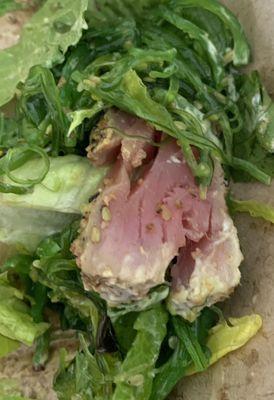 Crusted seared tuna , seaweed, romaine, scallions and a yummy wasabi dressing