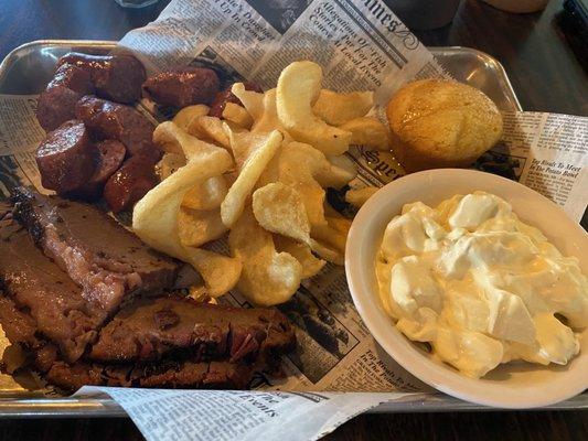 Brisket, hot links, potato salad, sidewinder fries and a cornbread muffin!