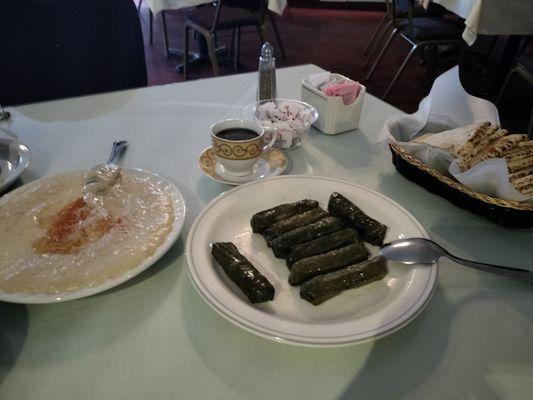 Lamb and rice-stuffed grape leaves, with baba ganoush and pita bread.