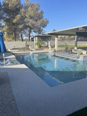 View of all the flooring including the steps around the freestanding hot tub