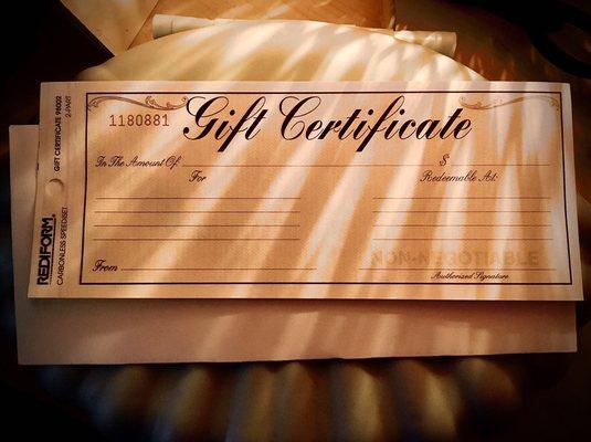 Gift certificates available for any amount