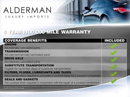 Alderman Complementary 5 YR / 100,000 Warranty.