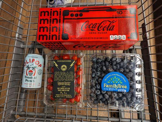 Mini Coke Zero $6.99. Olipop Tropical Punch $2.69. Sugar Bombs Tomatoes $4.49. Family Tree Jumbo Blueberries 18 oz $9.99. $25.18 total AT.