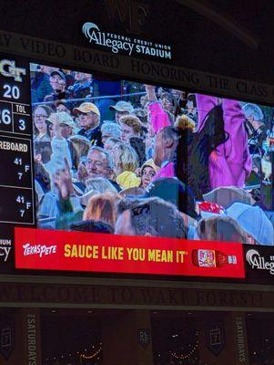 Video board. Wake Forest vs Georgia Tech football. September 23, 2023. Sponsored by Winston-Salem's own Texas Pete hot sauce. Yum!