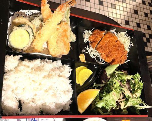 Bento Box with mix tempura and Hire Katsu (pork cutlet) - btw their sushi rice is top notch!!!