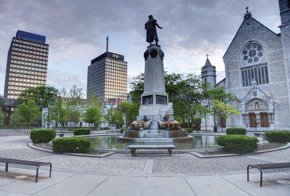 100 Madison Street as viewed from Columbus Circle in downtown Syracuse, New York.