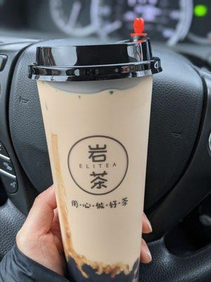 Signature milk tea with 30% sugar, brown sugar boba, and little ice