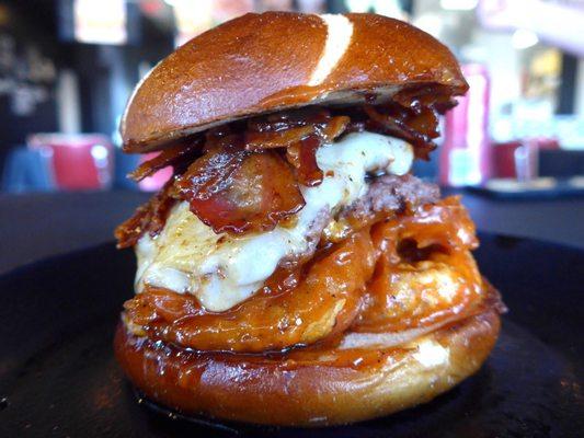 Say hello to the "Wake n Bacon" Burger of the Month for Nov 2021! With tempura onion ring, mango BBQ sauce, glazed bacon, cheddar & swiss!