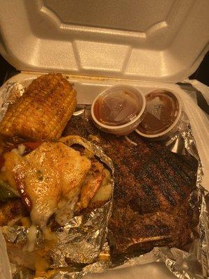 T-bone w/shrimp stuffed bake potato