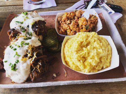 Pulled pork biscuits and gravy with homemade grits and Mexican corn salad