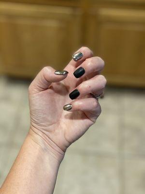 Platinum and matte black hard gel manicure