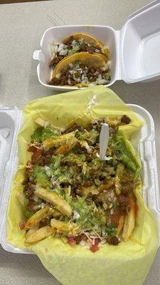 Carne asada fries with extras I added and carne asada tacos