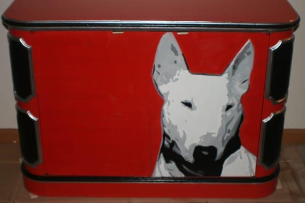 This Is one of my favorite creations. A old 70;s TV cabinet with a oil  painting of  a English Terrier 1200- signed