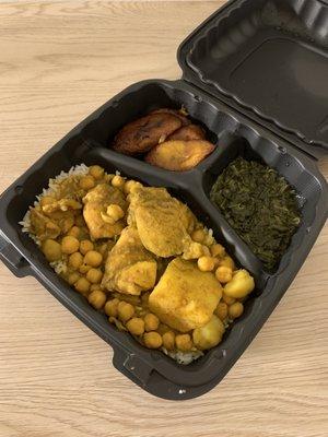 Curry chicken platter with stewed spinach, plantains, and white basmati rice.