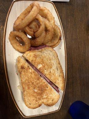 Reuben Sandwich with onion rings