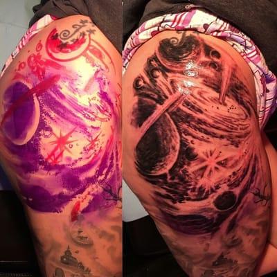 Done 2.17.16 - solar system, first session on this tattoo.. Still needs color but I'm already in love