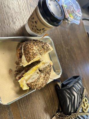 Steak egg and cheese on everything bagel