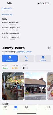 Log of my calls to Jimmy John's today