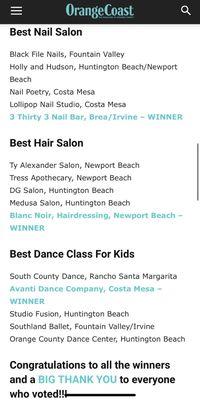 Thank you OrangeCoast Magazine. 2019 best Nail Salon in OC