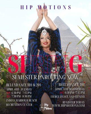 Spring into action and join us for a season of bellydance fun and fitness! Semester begins THIS week. 
www.hipmotions.com/classes