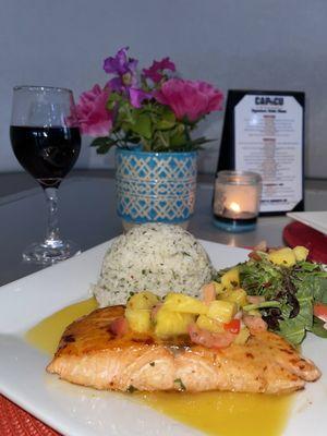 Pan seared Salmon in a mango/ pineapple sauce