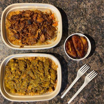 Top: jerk chicken. Bottom: chicken curry. Right: plantains.