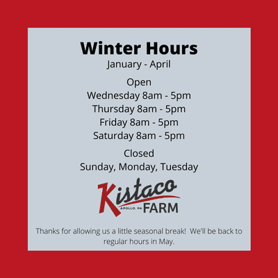 Winter hours - effective January through April 2020.