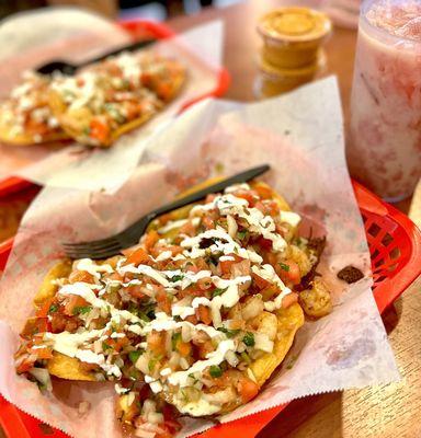 Little crispy tacos with shrimp (my fav)!! Strawberry horchata on the side