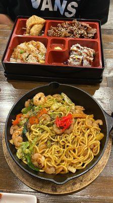 Beef bento box and shrimp yakisoba