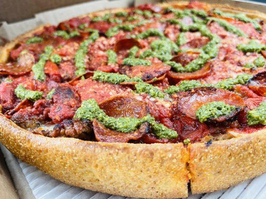 All Star Deep Dish Pizza Topped with pesto