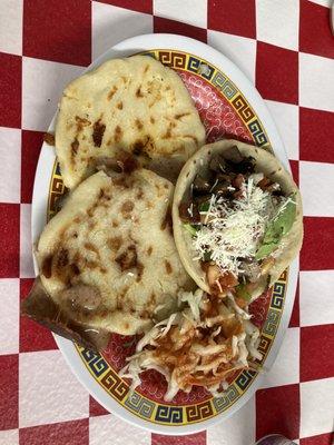 Two pupusas and a tongue taco.