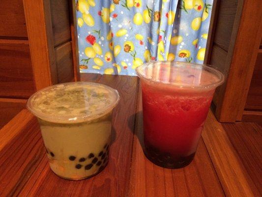 Matcha Milk Tea with Egg Pudding & Boba and Strawberry Green Tea with Boba.