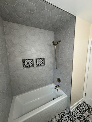 Remodeled Shower with Hex Tile