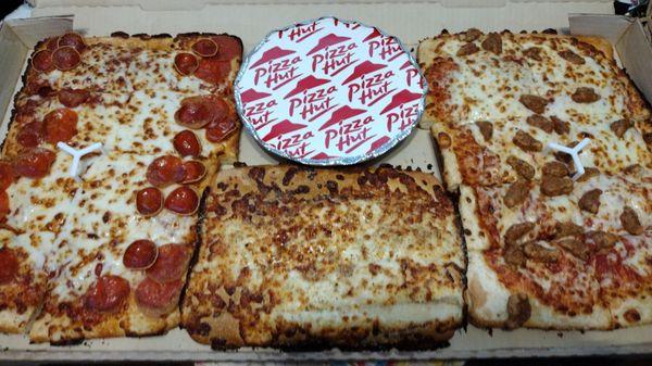 Big Dinner Box! 2 medium pizzas, pasta, and cheese bread sticks. Everyone is happy!!