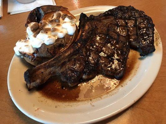 20 oz bone in ribeye with loaded sweet potato