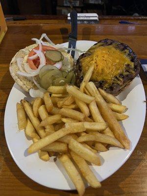 Lagniappe Burger, add cheese, pickles, onions