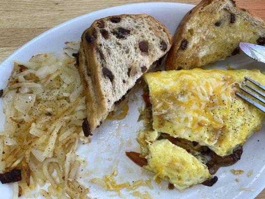 Homemade raisin toast and omelet