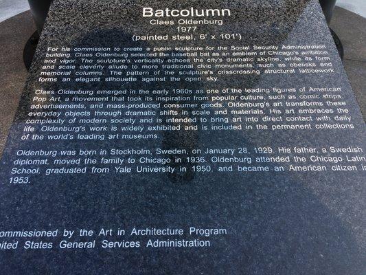 "Official" City Write-Up about The Batcolumn Sculpture and the artist, Chicago Native-Claes Oldenburg