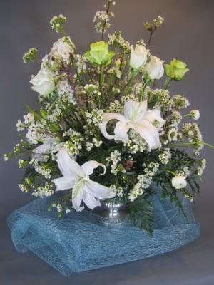 White Arrangement in Silver Urn