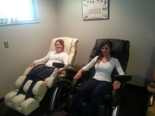 Brit and I enjoying lunch break in the massage chairs.