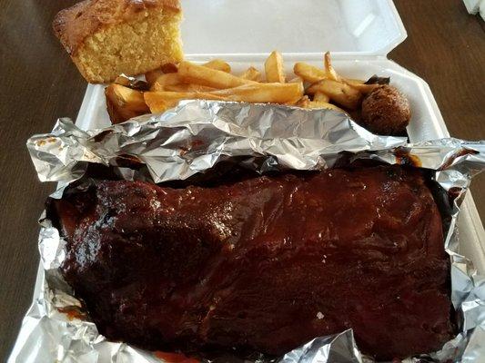 Baby back ribs, french fries, hush puppies, & cornbread like Grandma used to make!