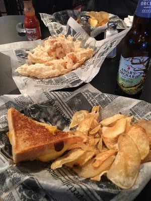 Grilled Cheese, homemade chips, pork rinds, cold beer